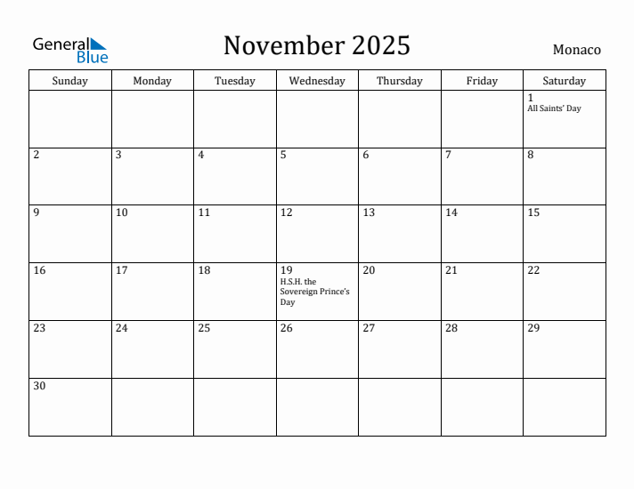 November 2025 Calendar Monaco