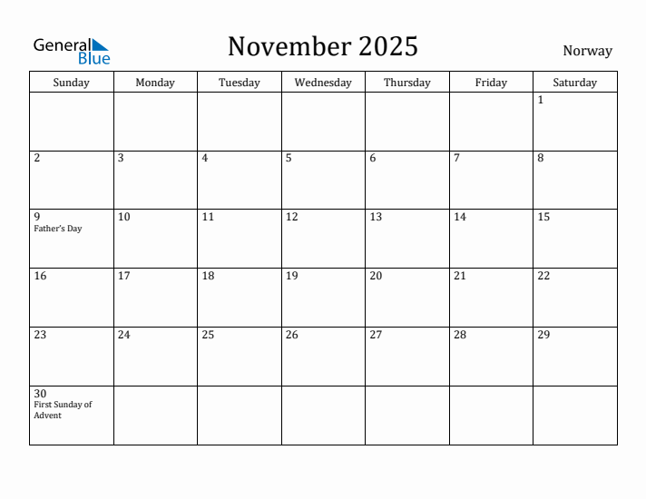 November 2025 Calendar Norway