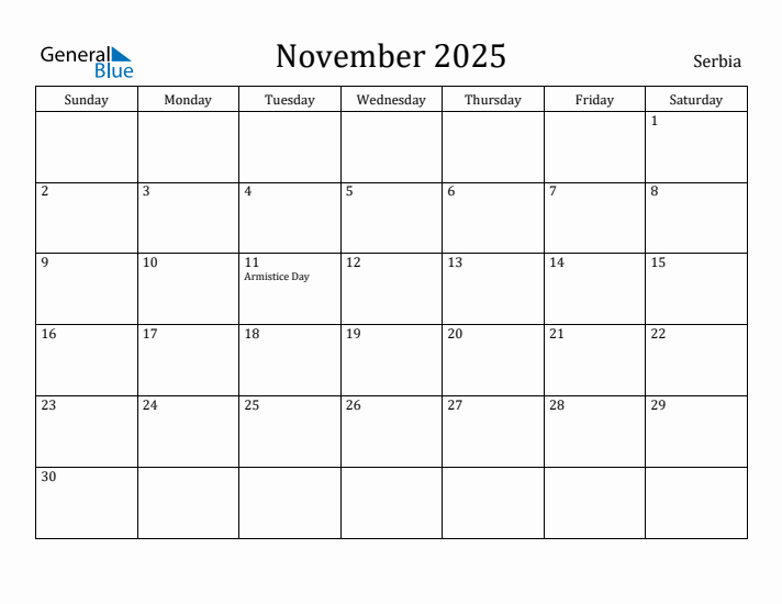 November 2025 Calendar Serbia