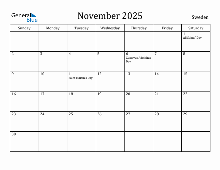 November 2025 Calendar Sweden