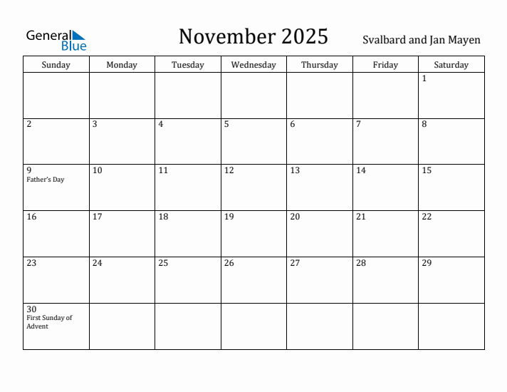 November 2025 Calendar Svalbard and Jan Mayen