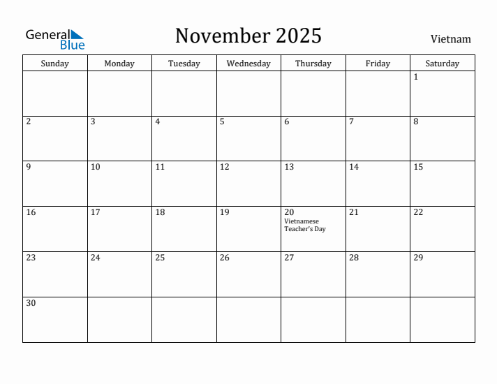 November 2025 Calendar Vietnam