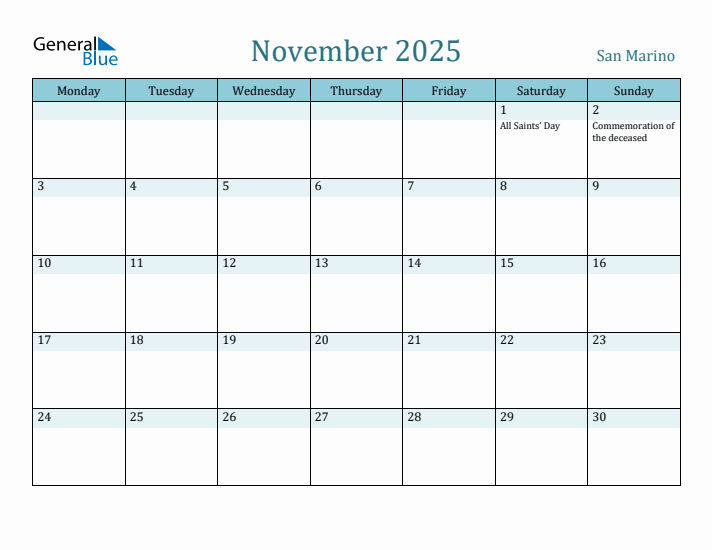 November 2025 Calendar with Holidays