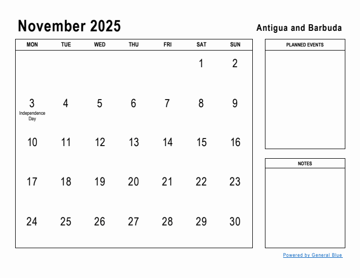 November 2025 Printable Monthly Calendar with Antigua and Barbuda Holidays