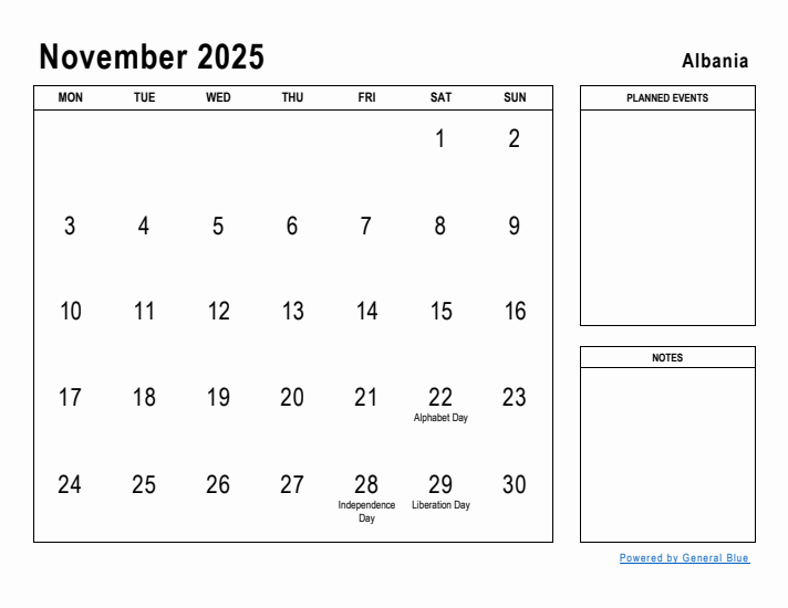 November 2025 Printable Monthly Calendar with Albania Holidays