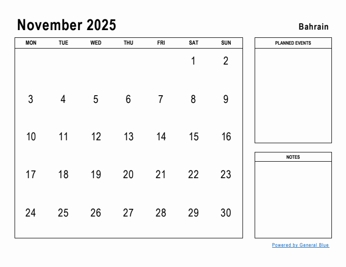 November 2025 Printable Monthly Calendar with Bahrain Holidays