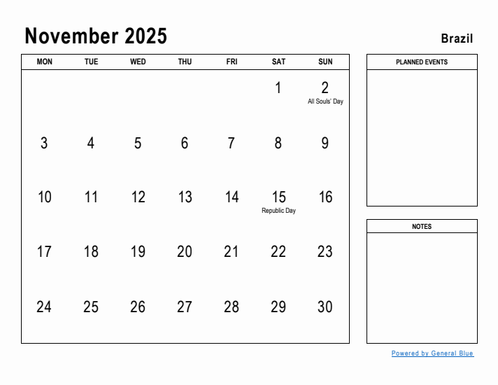 November 2025 Printable Monthly Calendar with Brazil Holidays