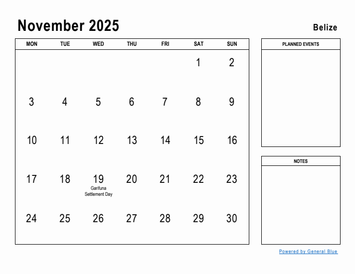 November 2025 Printable Monthly Calendar with Belize Holidays