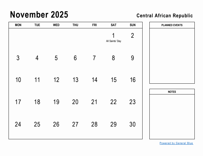 November 2025 Printable Monthly Calendar with Central African Republic Holidays