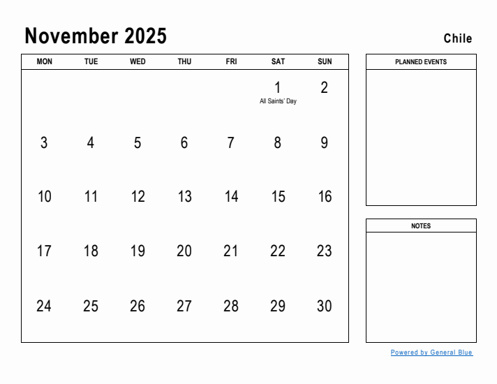 November 2025 Printable Monthly Calendar with Chile Holidays