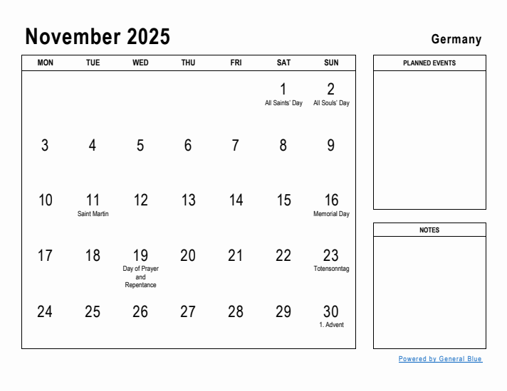 November 2025 Printable Monthly Calendar with Germany Holidays