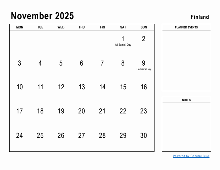 November 2025 Printable Monthly Calendar with Finland Holidays