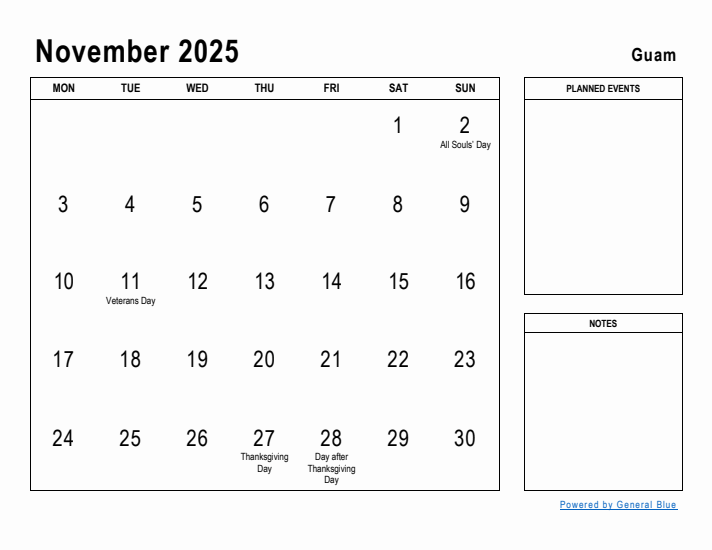 November 2025 Printable Monthly Calendar with Guam Holidays