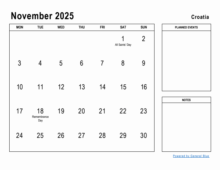 November 2025 Printable Monthly Calendar with Croatia Holidays