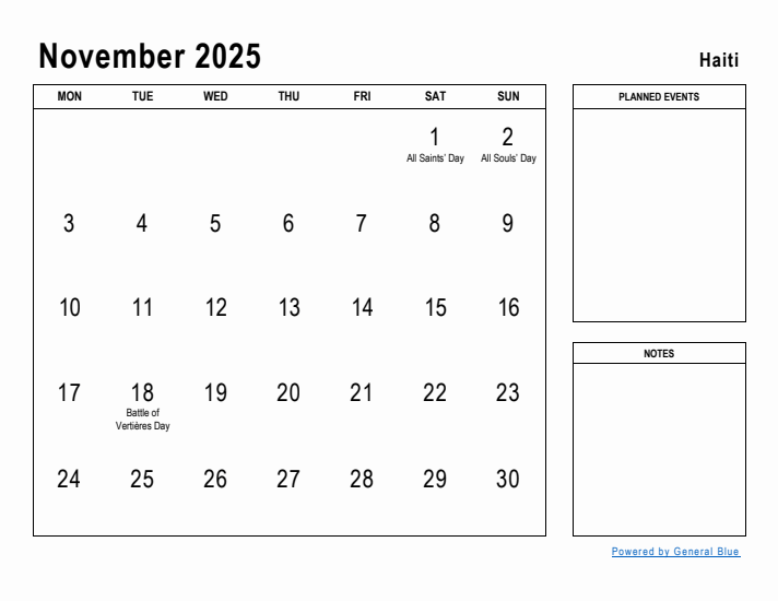 November 2025 Printable Monthly Calendar with Haiti Holidays