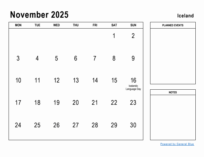 November 2025 Printable Monthly Calendar with Iceland Holidays