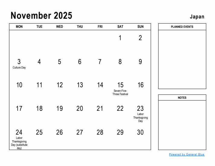 November 2025 Printable Monthly Calendar with Japan Holidays