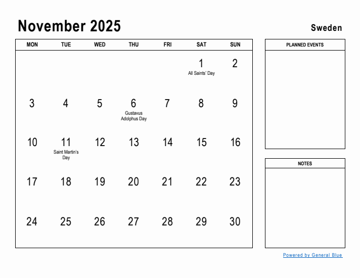 November 2025 Printable Monthly Calendar with Sweden Holidays