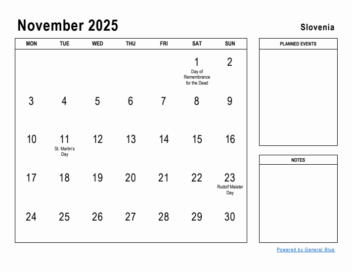 November 2025 Printable Monthly Calendar with Slovenia Holidays