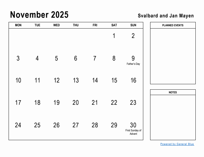 November 2025 Printable Monthly Calendar with Svalbard and Jan Mayen Holidays