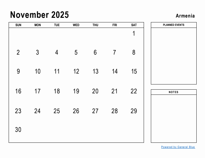 November 2025 Printable Monthly Calendar with Armenia Holidays