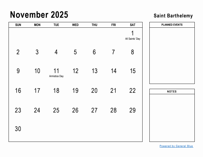 November 2025 Printable Monthly Calendar with Saint Barthelemy Holidays