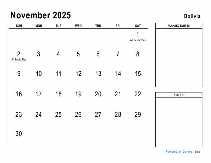 November 2025 Printable Monthly Calendar with Bolivia Holidays