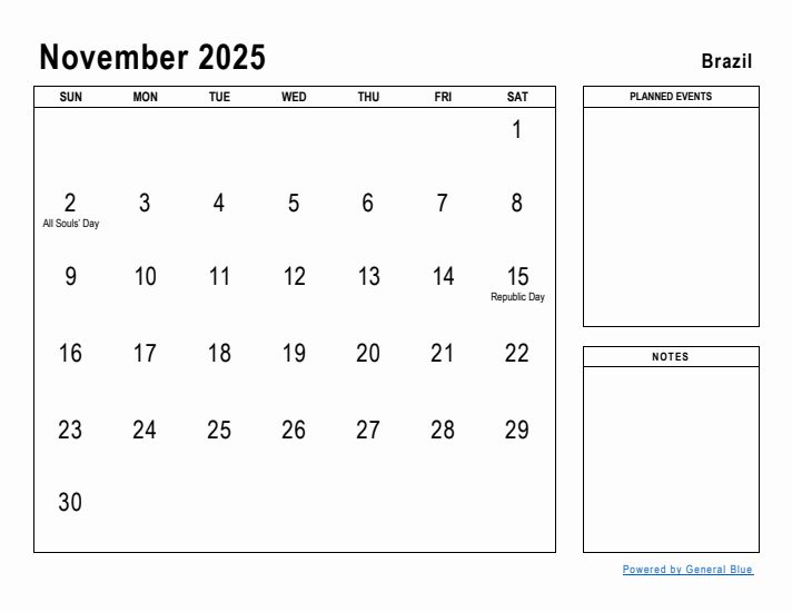 November 2025 Printable Monthly Calendar with Brazil Holidays