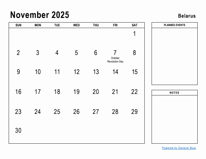 November 2025 Printable Monthly Calendar with Belarus Holidays