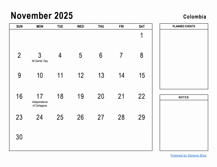 November 2025 Printable Monthly Calendar with Colombia Holidays