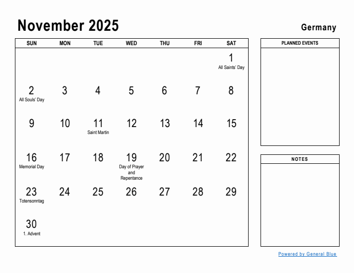 November 2025 Printable Monthly Calendar with Germany Holidays