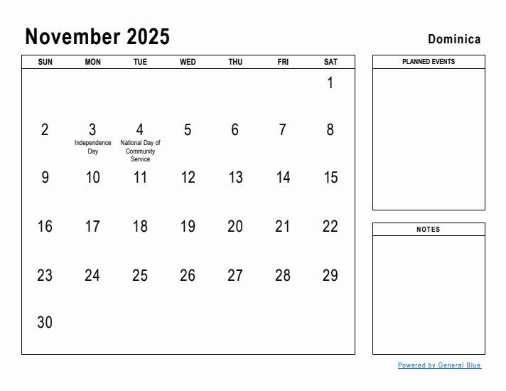 November 2025 Printable Monthly Calendar with Dominica Holidays