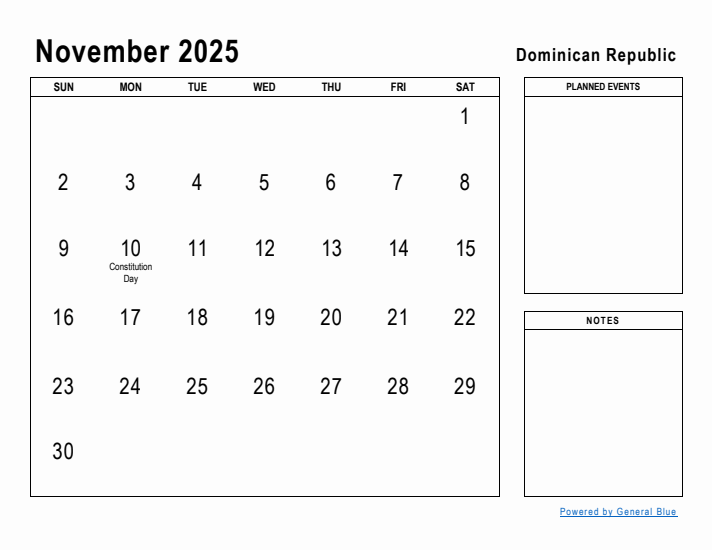 November 2025 Printable Monthly Calendar with Dominican Republic Holidays