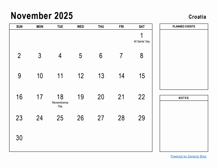 November 2025 Printable Monthly Calendar with Croatia Holidays