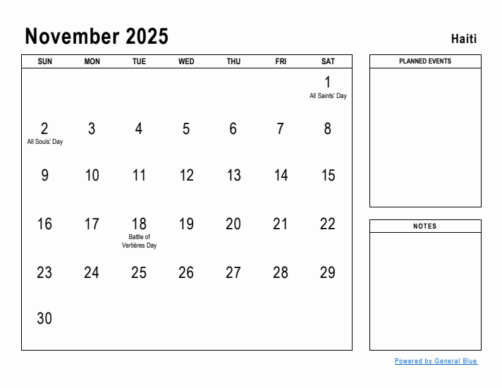 November 2025 Printable Monthly Calendar with Haiti Holidays