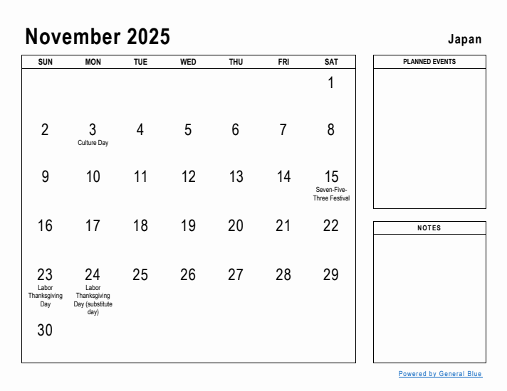 November 2025 Printable Monthly Calendar with Japan Holidays