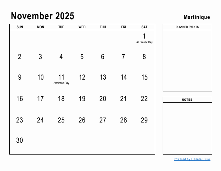 November 2025 Printable Monthly Calendar with Martinique Holidays