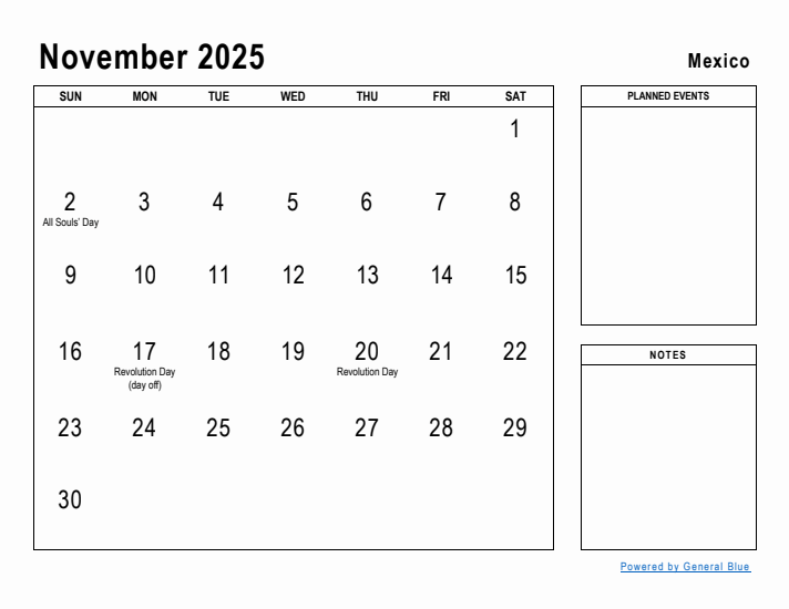 November 2025 Printable Monthly Calendar with Mexico Holidays