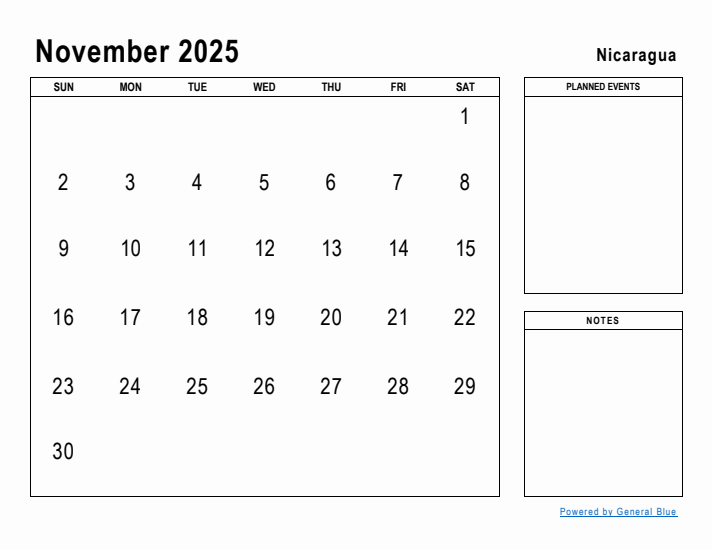 November 2025 Printable Monthly Calendar with Nicaragua Holidays