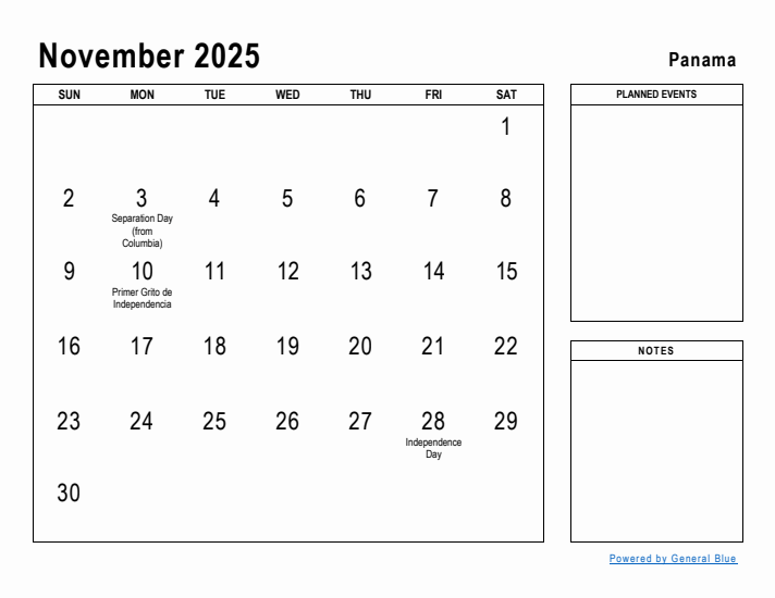 November 2025 Printable Monthly Calendar with Panama Holidays