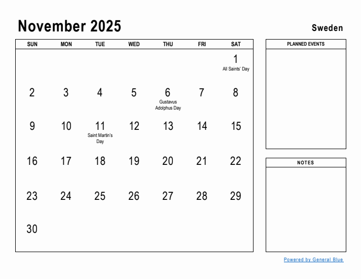 November 2025 Printable Monthly Calendar with Sweden Holidays