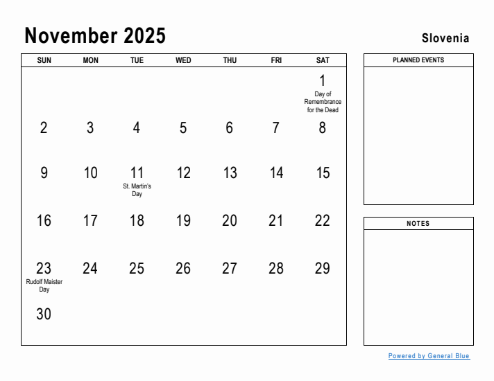 November 2025 Printable Monthly Calendar with Slovenia Holidays