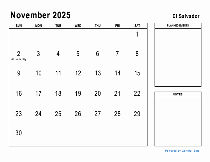 November 2025 Printable Monthly Calendar with El Salvador Holidays