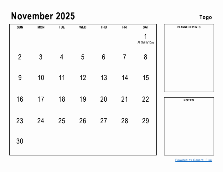 November 2025 Printable Monthly Calendar with Togo Holidays