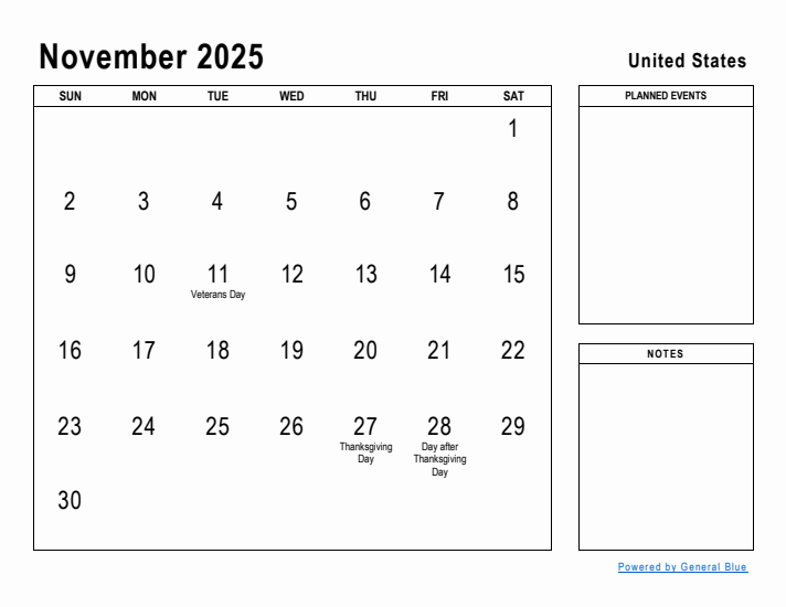 November 2025 Printable Monthly Calendar with United States Holidays