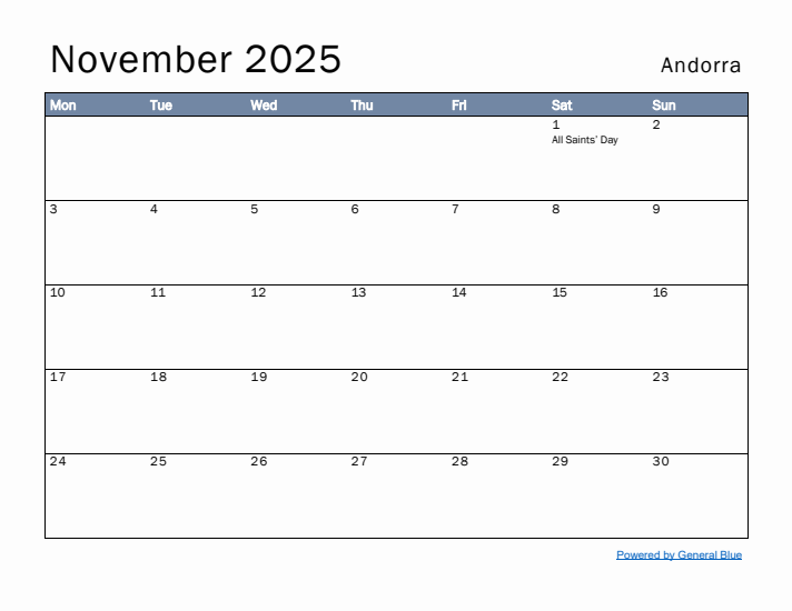 November 2025 Simple Monthly Calendar for Andorra