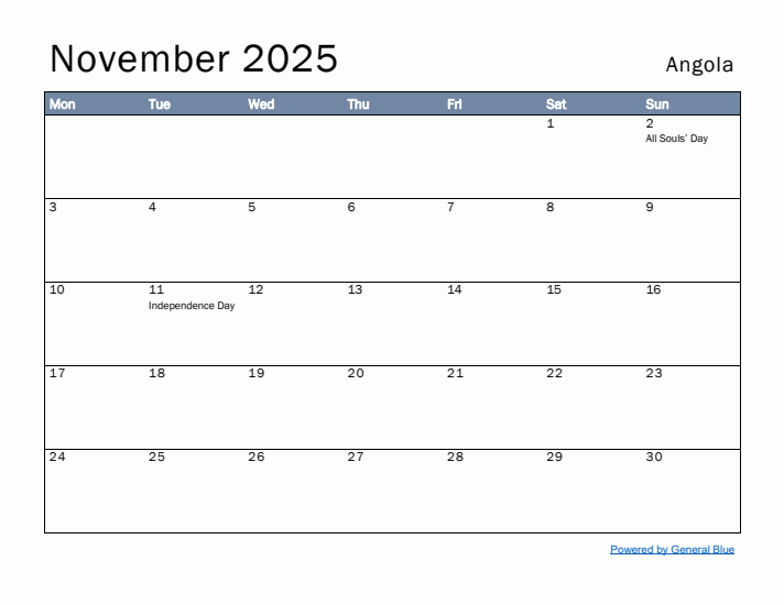 November 2025 Simple Monthly Calendar for Angola