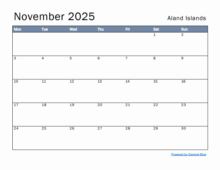 November 2025 Simple Monthly Calendar for Aland Islands