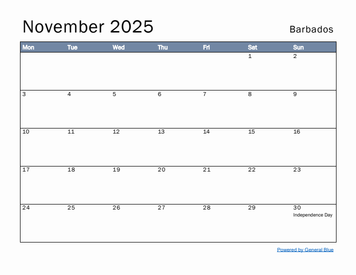 November 2025 Simple Monthly Calendar for Barbados