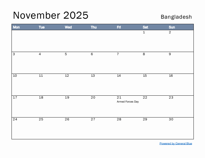 November 2025 Simple Monthly Calendar for Bangladesh